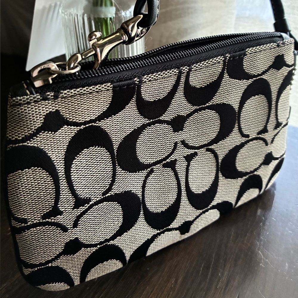 Coach Signature Canvas Black and Cream Wristlet Clutch